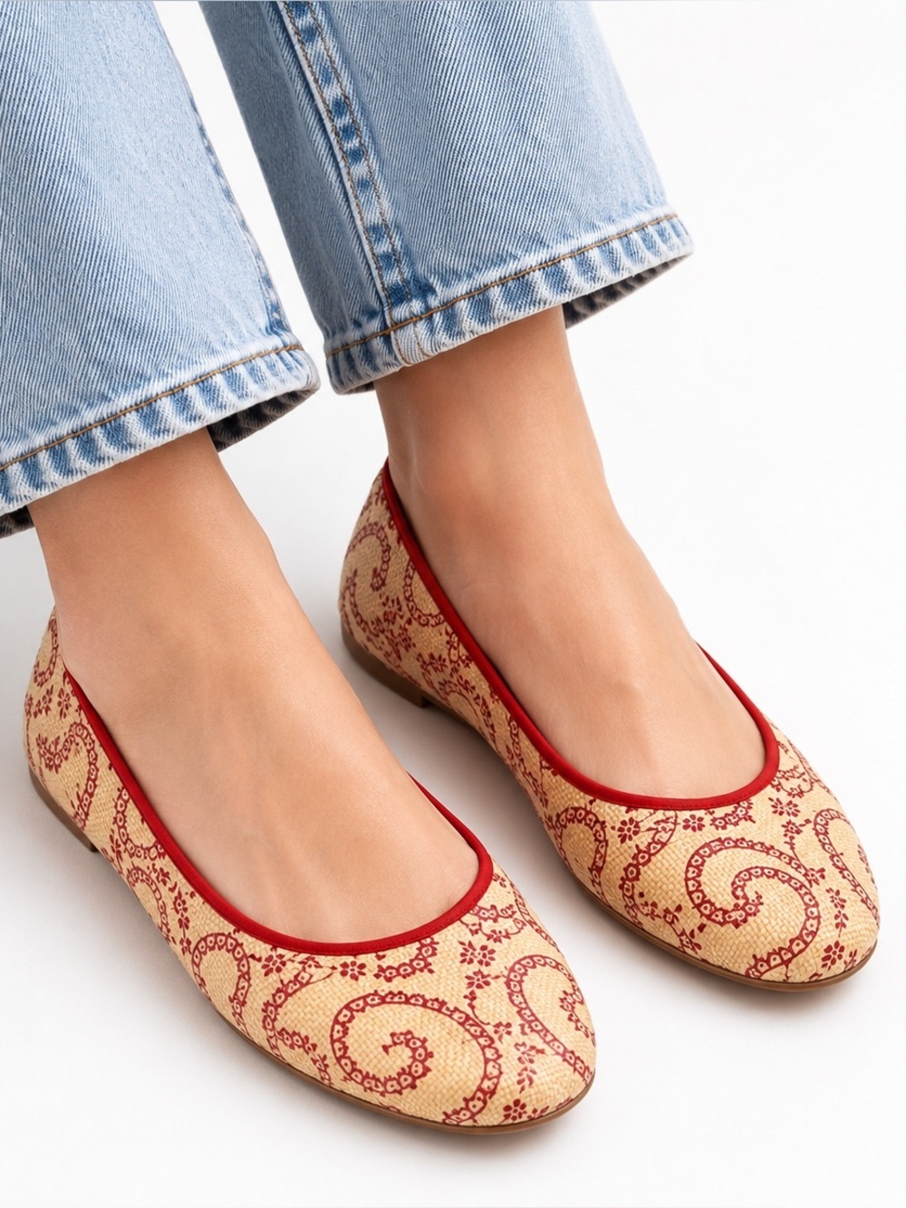 ALAÏA Red Paisley Raffia Ballet Flats Size 38.5